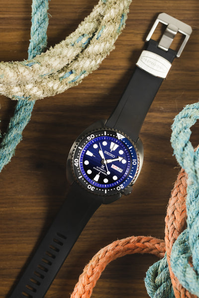 Seiko Prospex Turtle Save the Ocean Blue SRPD11K fitted with Crafter Blue CB08 Rubber watch strap in black with brushed stainless steel buckle and embossed keeper