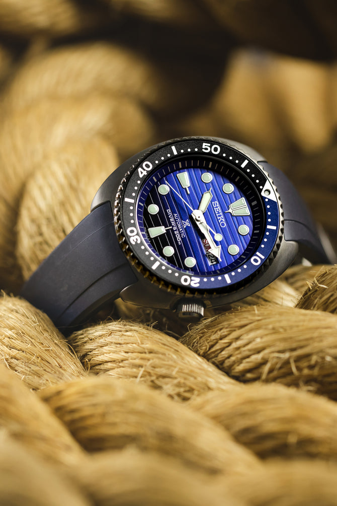 Seiko Prospex Turtle Save the Ocean Blue SRPD11K fitted with Crafter Blue CB08 Rubber watch strap in navy blue 