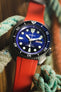 Seiko Prospex Turtle Save the Ocean Blue SRPD11K fitted with Crafter Blue CB08 Rubber watch strap in red with brushed stainless steel buckle and embossed keeper
