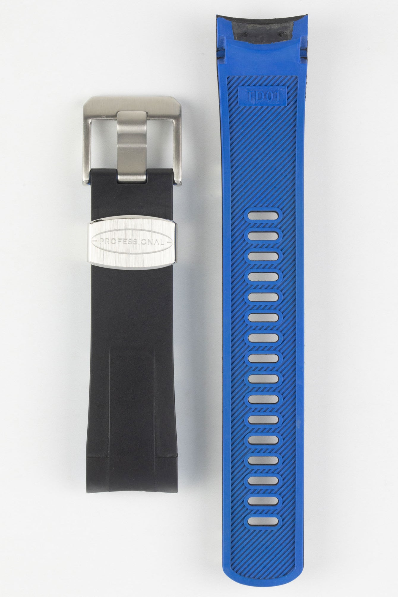 Crafter Blue TD01 Rubber watch strap Tudor Bay Series with brushed stainless steel buckle and embossed keeper in black top and blue under side