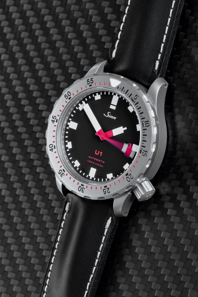 Sinn U1 H-link matte black dial fitted with Di-modell Offroad Leather Watch Strap in Black