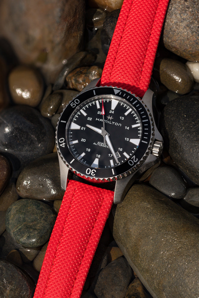 HAMILTON H82335331 Khaki Navy Scuba Automatic 40mm Watch - Black Dial fitted with Di Modell Traveller strap in red