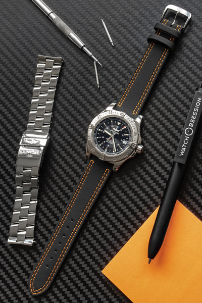 Breitling black avenger black dial fitted with di modell colorado strap in black with orange stitch