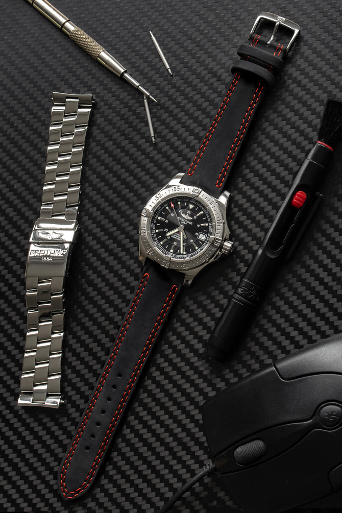 Breitling black avenger black dial fitted with di modell colorado strap in black with red stitch