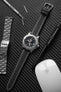 Breitling black avenger black dial fitted with di modell colorado strap in black with white stitching