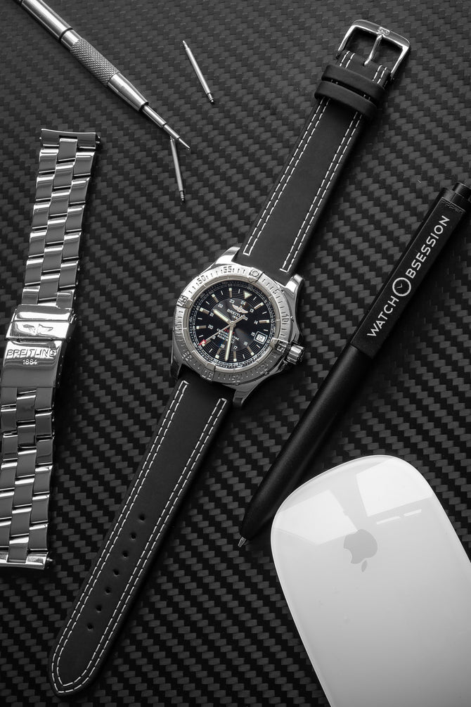 Breitling black avenger black dial fitted with di modell colorado strap in black with white stitching