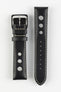 Upper and underside of Di-Modell Avus Leather Racing watch strap with polished stainless steel buckle in black