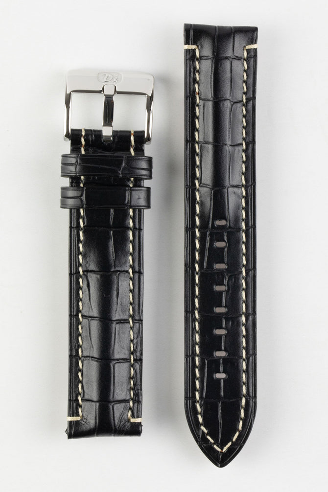Upper and under side of Di-Modell bali chrono Alligator-Embossed Padded Watch Strap with polished embossed stainless steel buckle in black