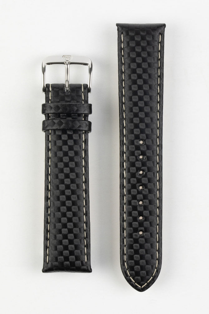 Upper and under side of Di-Modell Carbonio carbon-embossed leather watch srap with polished embossed stainless steel buckle in black