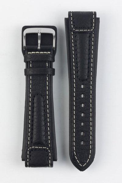 Di-Modell Chronoissimo Waterproof leather watch strap with Polished stainless steel embossed watch strap in Black with white stitching