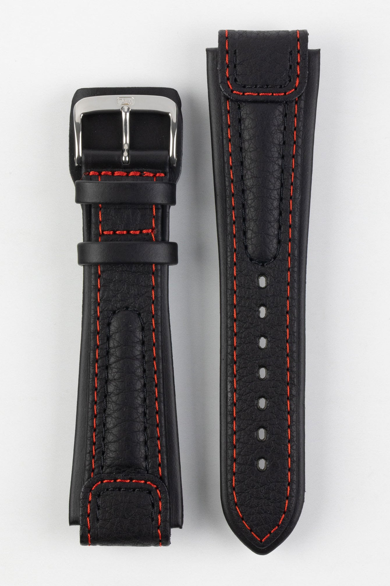 Di-Modell Chronoissimo Waterproof leather watch strap with Polished stainless steel embossed watch strap in Black with red stitching