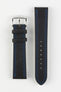 Upperside of di-modell colorado rubber coated leather watch strap in black with blue stitching