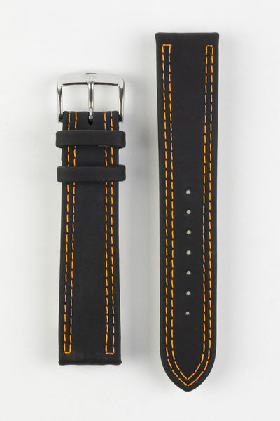 Upperside of di-modell colorado rubber coated leather watch strap in black with orange stitching