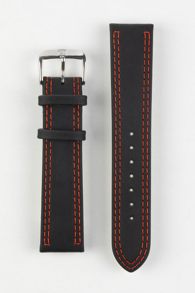 Upperside of di-modell colorado rubber coated leather watch strap in black with red stitch