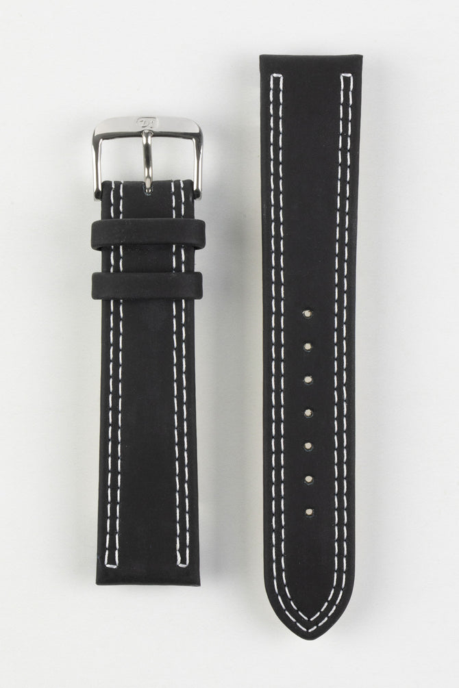 Upperside of di-modell colorado rubber coated leather watch strap in black with white stitching