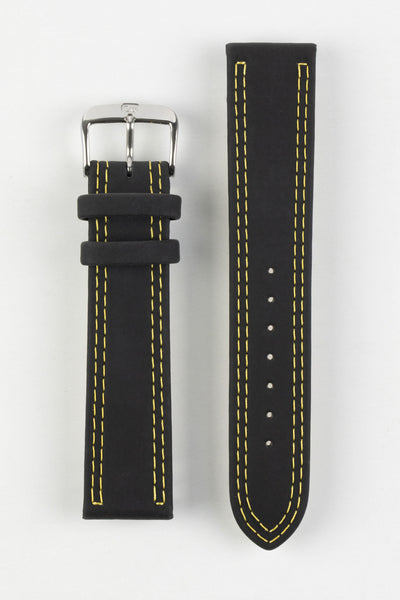 Upperside of di-modell colorado rubber coated leather watch strap in black with yellow stitching