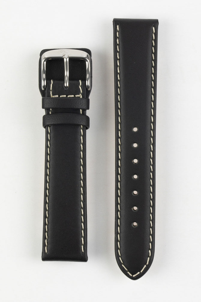 Upperside of Di-Modell Denver Calf Leather Watch strap with polished silver buckle in black with beige stitch