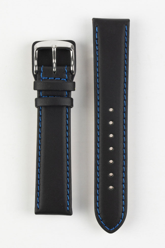 Upperside of Di-Modell Denver Calf Leather Watch strap with polished silver buckle in black with blue stitch