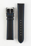 Upperside of Di-Modell Denver Calf Leather Watch strap with polished silver buckle in black with blue stitch