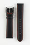 Upperside of Di-Modell Denver Calf Leather Watch strap with polished silver buckle in black with red stitch
