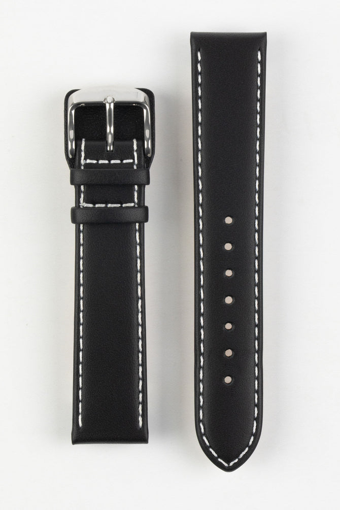 Upperside of Di-Modell Denver Calf Leather Watch strap with polished silver buckle in black with white stitch