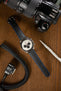 Omega Speedmaster moonwatch Apollo 11 fitted with di-modell denver calf leather watch strap in black with blue stitch