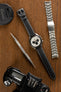 Omega Speedmaster moonwatch Apollo 11 fitted with di-modell denver calf leather watch strap in black with white stitch