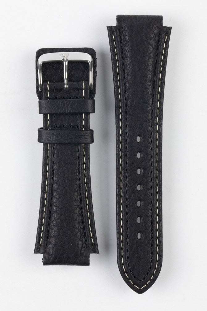 Upperside of Di Modell Pilot waterproof leather watch strap with polished stainless steel buckle in black