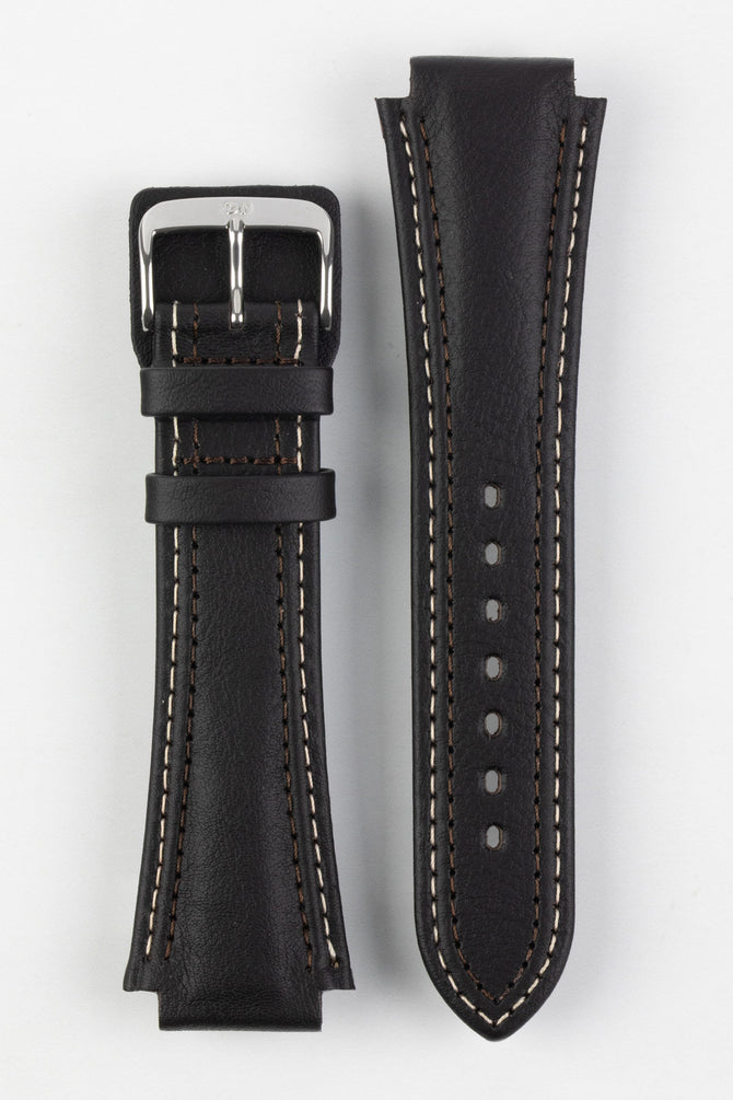 Upperside of Di Modell Pilot waterproof leather watch strap with polished stainless steel buckle in brown