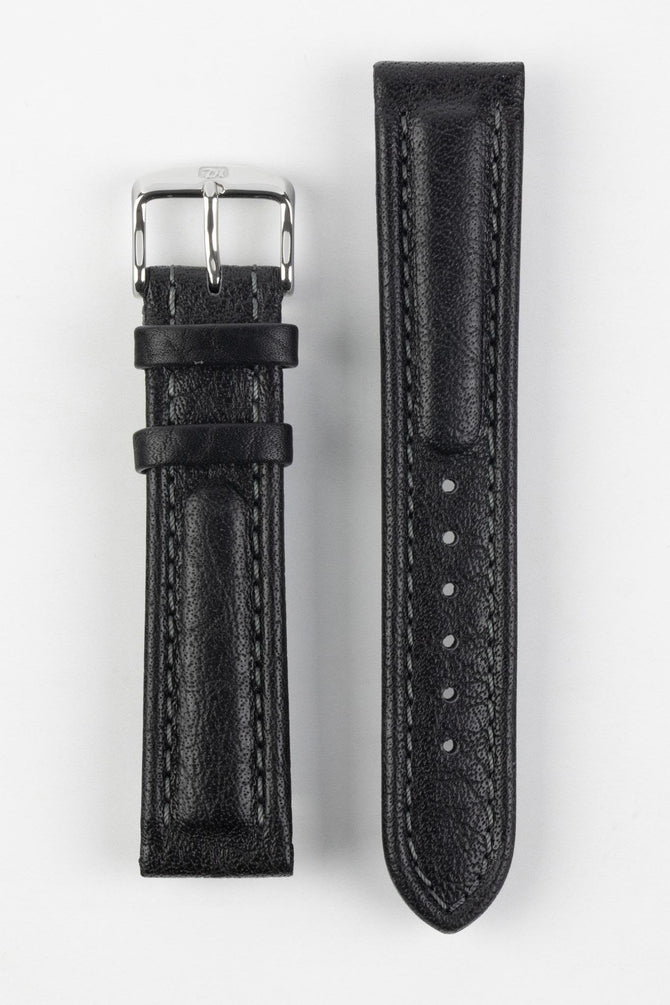 Upperside of Di-Modell Polo Sherpa waterproof leather watch strap with polished stainless steel embossed buckle in black