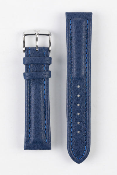Upperside of Di-Modell Polo Sherpa waterproof leather watch strap with polished stainless steel embossed buckle in blue