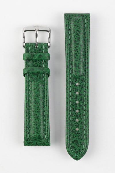 Upperside of Di-Modell Polo Sherpa waterproof leather watch strap with polished stainless steel embossed buckle in green