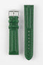 Upperside of Di-Modell Polo Sherpa waterproof leather watch strap with polished stainless steel embossed buckle in green