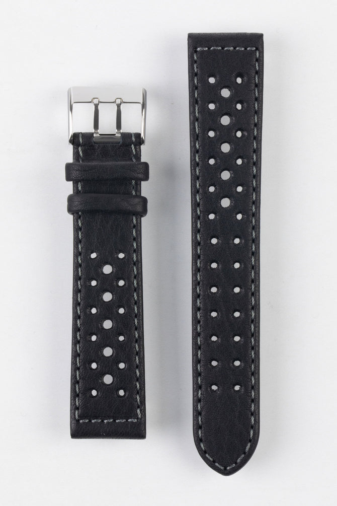 Upperside of Di-modell Rallye Waterproof Sport Leather Watch Strap with polished stainless steel buckle in black