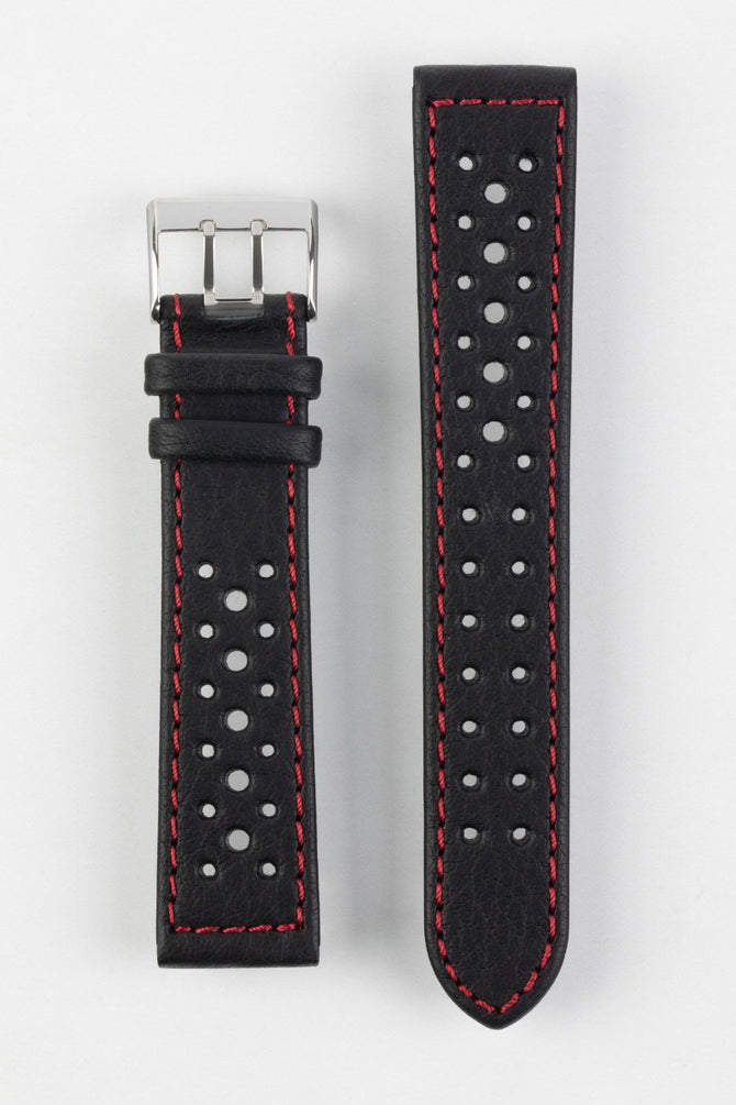Upperside of Di-modell Rallye Waterproof Sport Leather Watch Strap with polished stainless steel buckle in black with white stitch