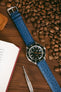 Doxa black dial black bezel fitted with di-modell shark skin strap in navy