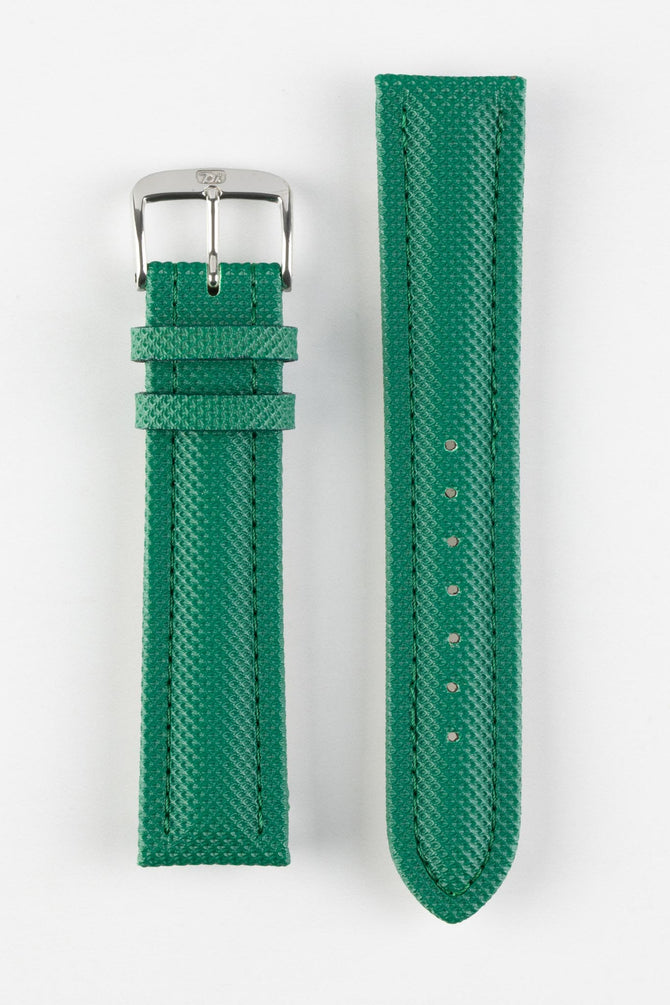 Upperside of Di-Modell Traveller PU Nylon Waterproof Watch Strap with polished stainless steel embossed buckle in dark green