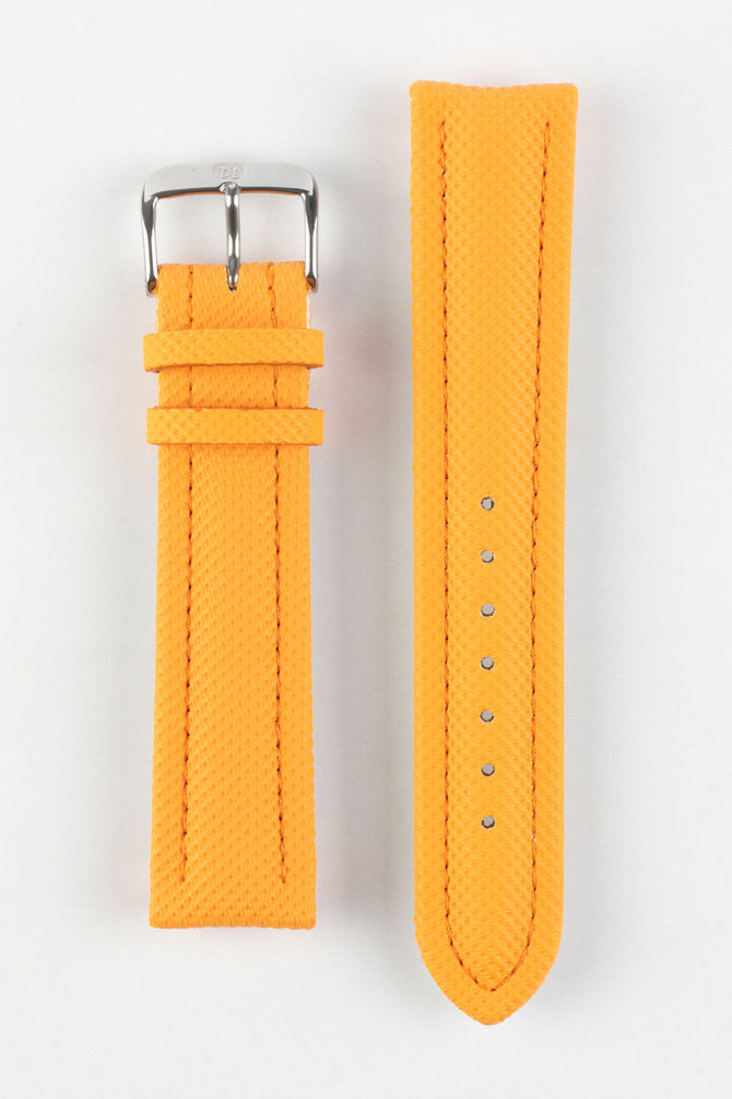 Upperside of Di-Modell Traveller PU Nylon Waterproof Watch Strap with polished stainless steel embossed buckle in orange