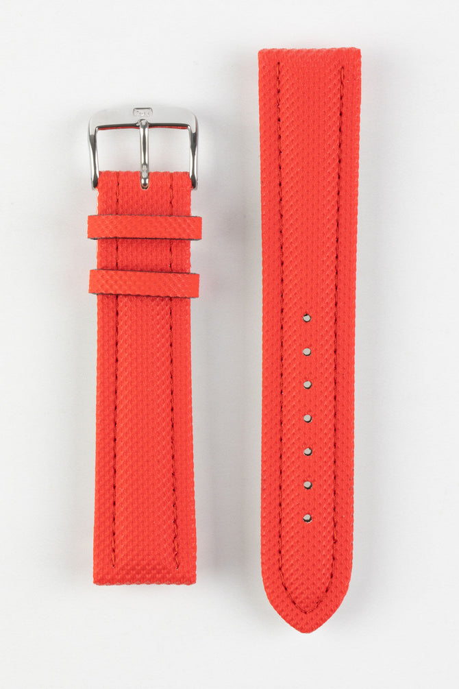 Upperside of Di-Modell Traveller PU Nylon Waterproof Watch Strap with polished stainless steel embossed buckle in red