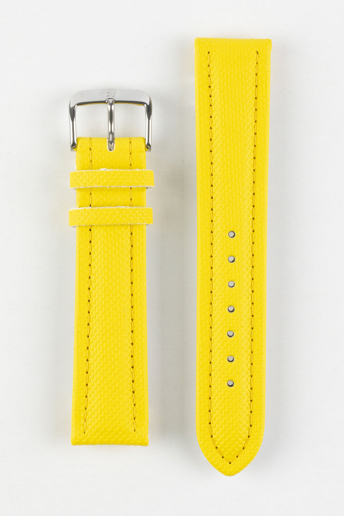 Upperside of Di-Modell Traveller PU Nylon Waterproof Watch Strap with polished stainless steel embossed buckle in yellow
