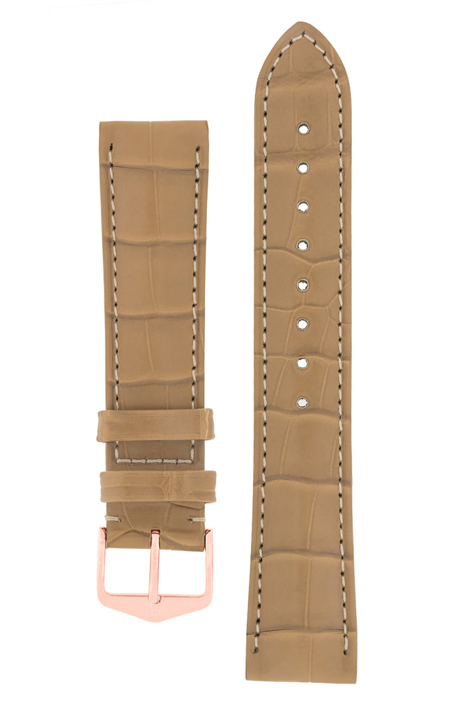 Hirsch Earl Genuine Alligator-Skin Watch Strap in Beige (with Polished Rose Gold Steel H-Tradition Buckle)