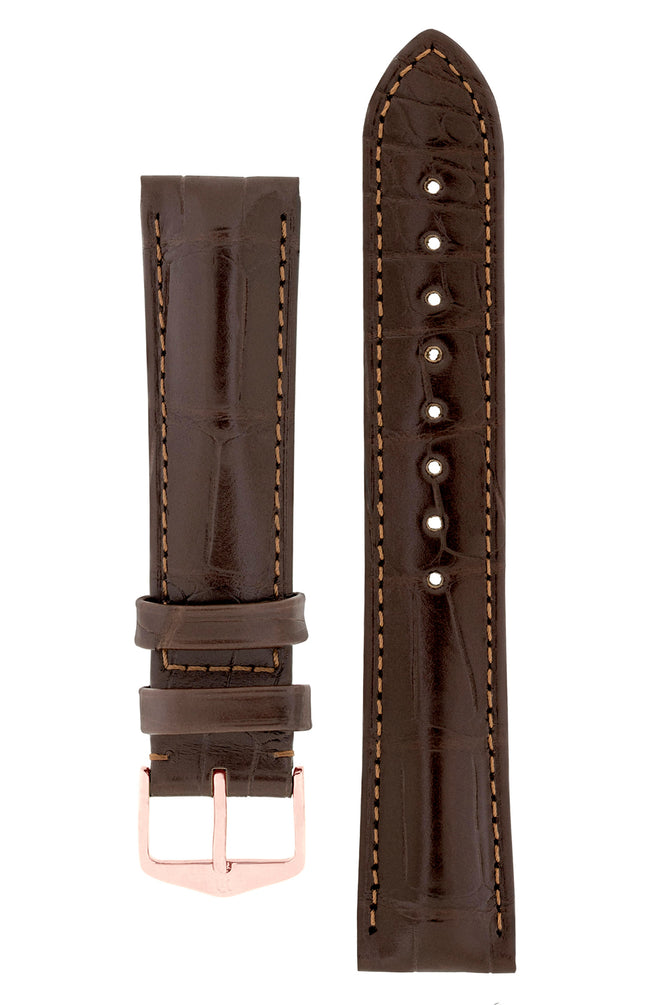 Hirsch Earl Genuine Alligator-Skin Watch Strap in Dark Brown (with Polished Rose Gold Steel H-Tradition Buckle)