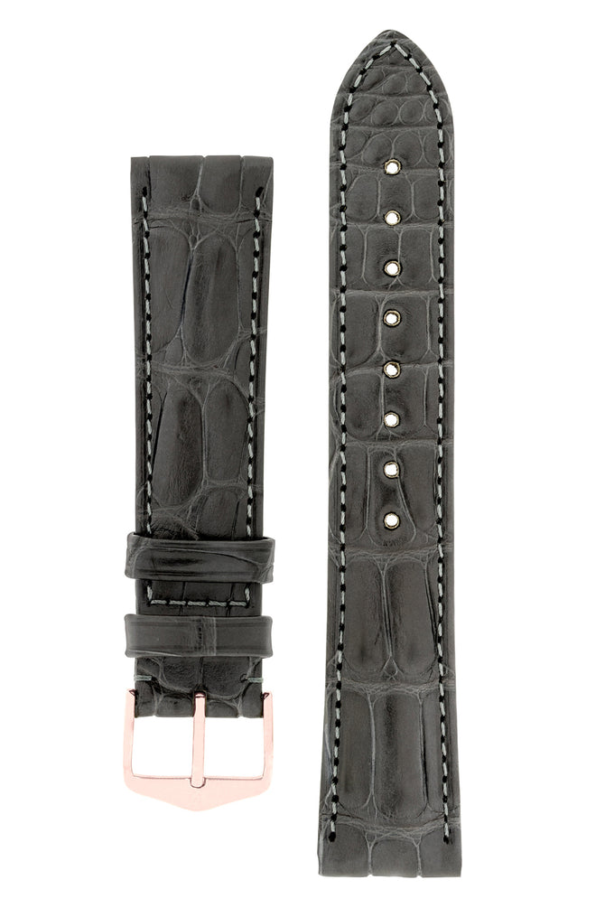 Hirsch Earl Genuine Alligator-Skin Watch Strap in Grey (with Polished Rose Gold Steel H-Tradition Buckle)