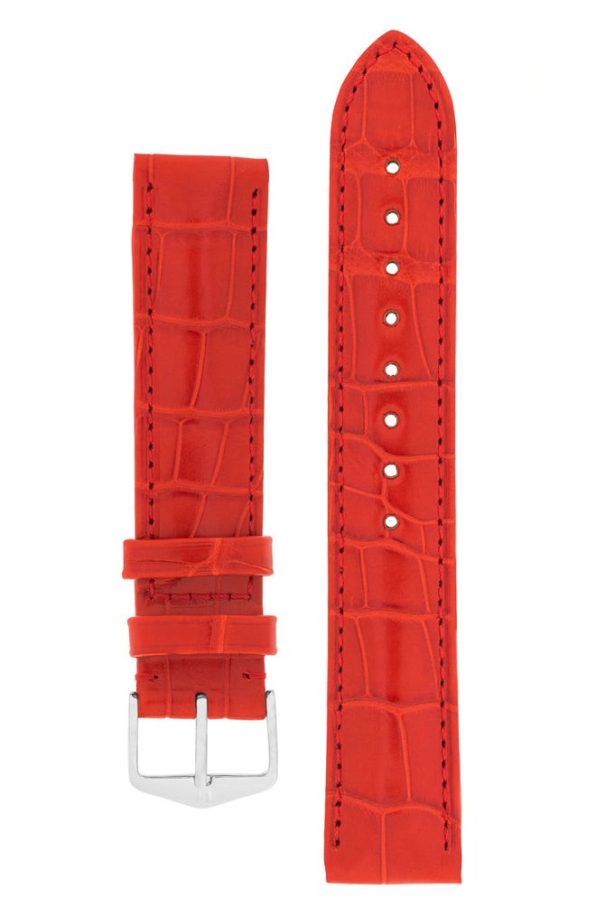 Hirsch Earl Genuine Alligator-Skin Watch Strap in Red (with Polished Silver Steel H-Tradition Buckle)