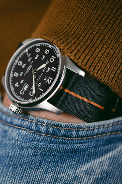 HAMILTON H70625533 Khaki Field Auto 44mm Watch - Black Dial fitted with Elliot Brown webbing watch strap in black with burnt orange stripe