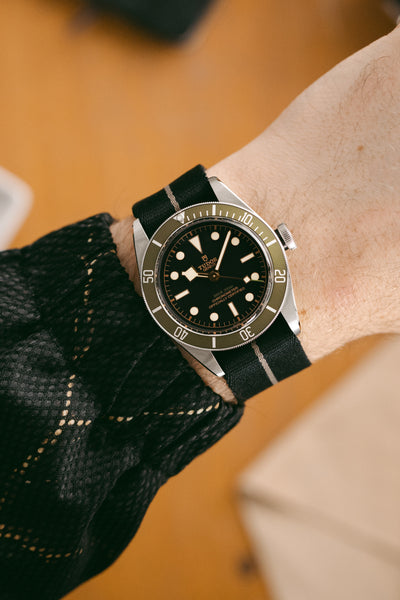 TUDOR Black Bay GMT 41mm - Harrods Green fitted with elliot brown webbing watch strap in black with desert grey