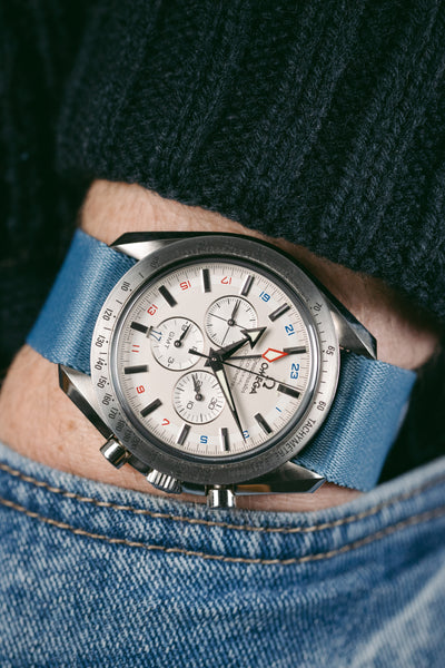 Omega Speedmaster Broad Arrow GMT SS / SS fitted with Elliot Brown webbing strap in denim blue