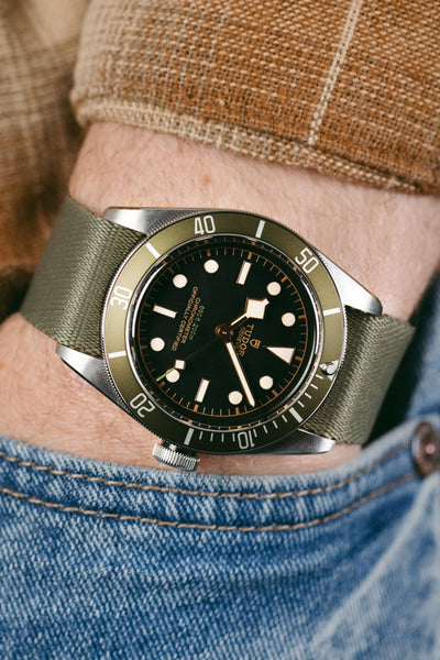 TUDOR Black Bay GMT 41mm - Harrods Green fitted with Elliot Brown webbing strap in grey green on wrist