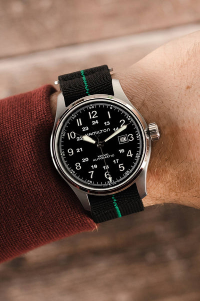 Hamilton Khaki Black Dial watch fitted to Erika's Originals Black Ops Strap with Green Centerline worn on wrist
