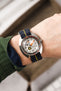 Doxa SUB 300 Searambler Silver Lung Limited Edition fitted with Erika's Originals Indigo Denim with mustard centerline on wrist